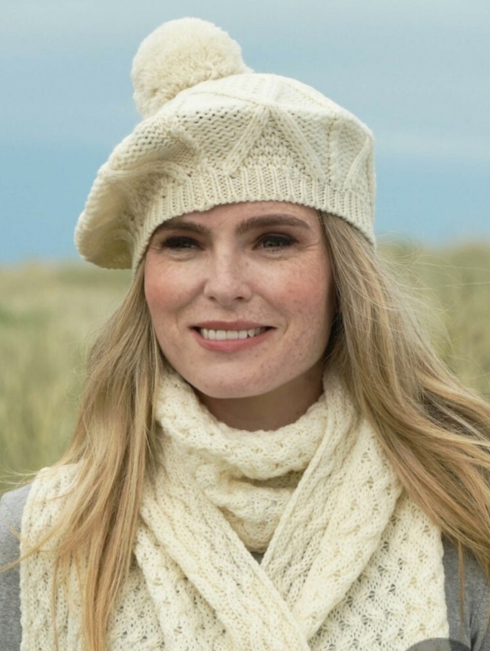 John Molloy Virgin Wool Irish Cable Knit Pom Pom Beret Hat - Cream White
